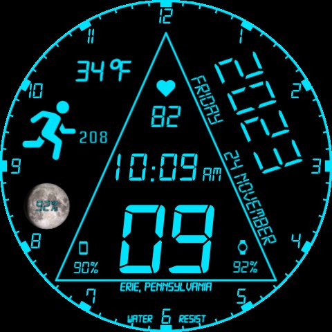 My 59th watch face, Inverse Triangulate, is now published on Pujie for Android Wear OS. Very similar to my red 50th face, Triangulate [SCK50], which was published a few days ago. This 1 is turquoise, has the triangle inverted, has 0 watch hands, & has moon phase added. Enjoy!