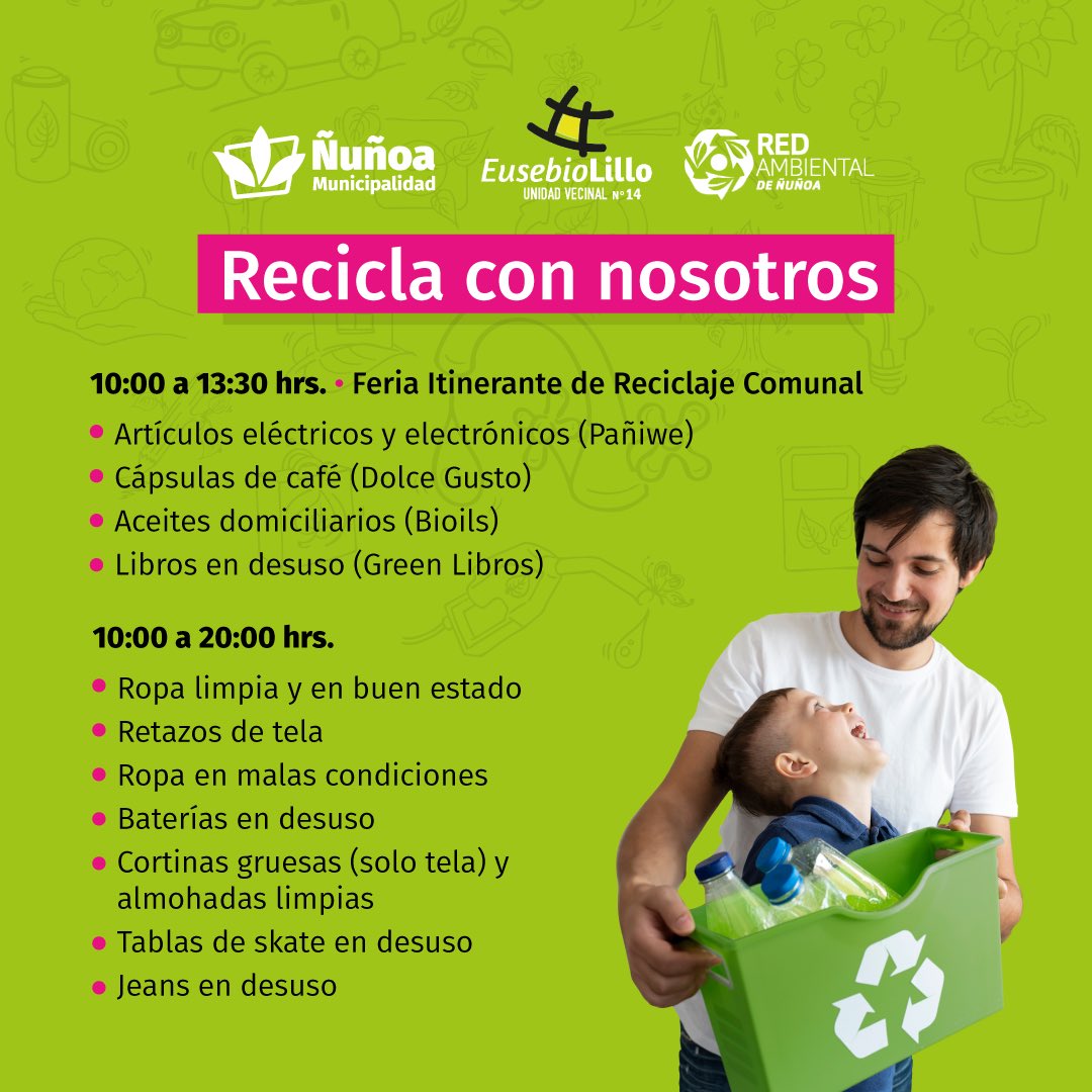 MuniNunoa's tweet photo. ♻️ ¡Únete al Festival Ñuñoa RRRecicla! 🤩

✨ Tendremos talleres, charlas, emprendimientos sustentables, música en vivo y reciclaje de gran variedad de productos.

📌 Fecha: Sábado 25 de noviembre. 
📌 Horario: Desde las 10:00 hasta las 20:00 hrs.
📌 Lugar: Plaza Eusebio Lillo. 

💚 Desliza y conoce más detalles de esta actividad. ¡No te lo pierdas!
