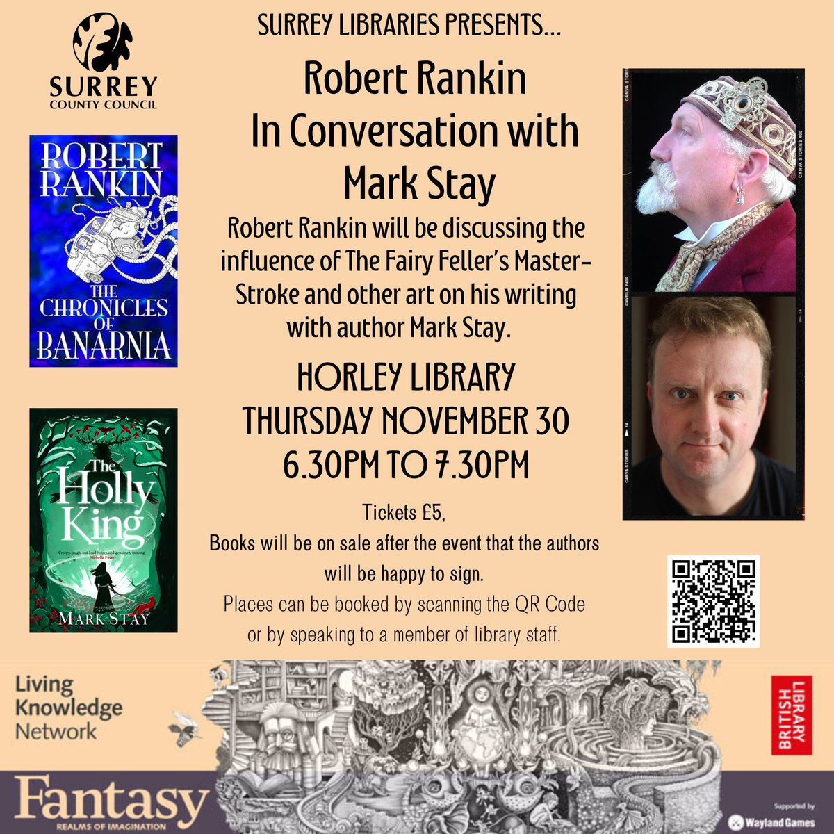 HorleyLibrary's tweet photo. Visit our free panel exhibition from 24 Nov-21 Dec, "Fantasy: Realms of the Imagination", created by @BritishLibrary and #LivingKnowledgeNetwork. Plus! Don't miss our author talk next Thurs 30 Nov - Robert Rankin & Mark Stay, 6.30pm, £5, book here: https://t.co/ftoaeaA94W https://t.co/8BTF8dC8z9