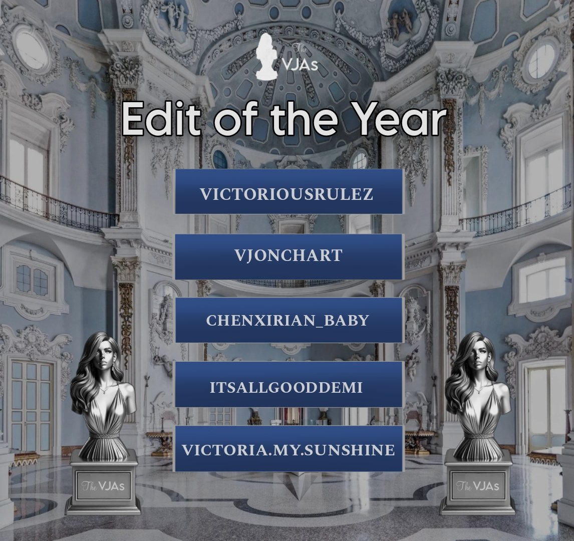TheVJAs's tweet photo. ••• Edit of the Year •••

The nominees are:

@victoriousrulez 
@VJOnChart 
@chenxirian_baby
@itsallgooddemi 
@/victoriamysunshine (IG) https://t.co/sgmevKyxT8