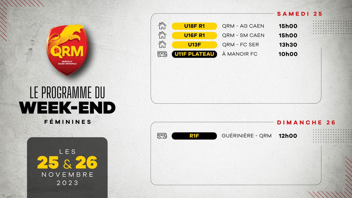 QRM Féminines 🐆 (@qrmfeminines) on Twitter photo ⚔️ Deux matchs importants avec les réceptions de l'<a href="/AGCaen/">AG Caen Football</a> pour nos #U18F et du <a href="/SMC_Feminines/">SM Caen Féminines</a> pour nos #U16F ce samedi à Lozai !
Le programme complet pour la section féminine ⤵️ ⚔️ Deux matchs importants avec les réceptions de l'<a href="/AGCaen/">AG Caen Football</a> pour nos #U18F et du <a href="/SMC_Feminines/">SM Caen Féminines</a> pour nos #U16F ce samedi à Lozai !
Le programme complet pour la section féminine ⤵️