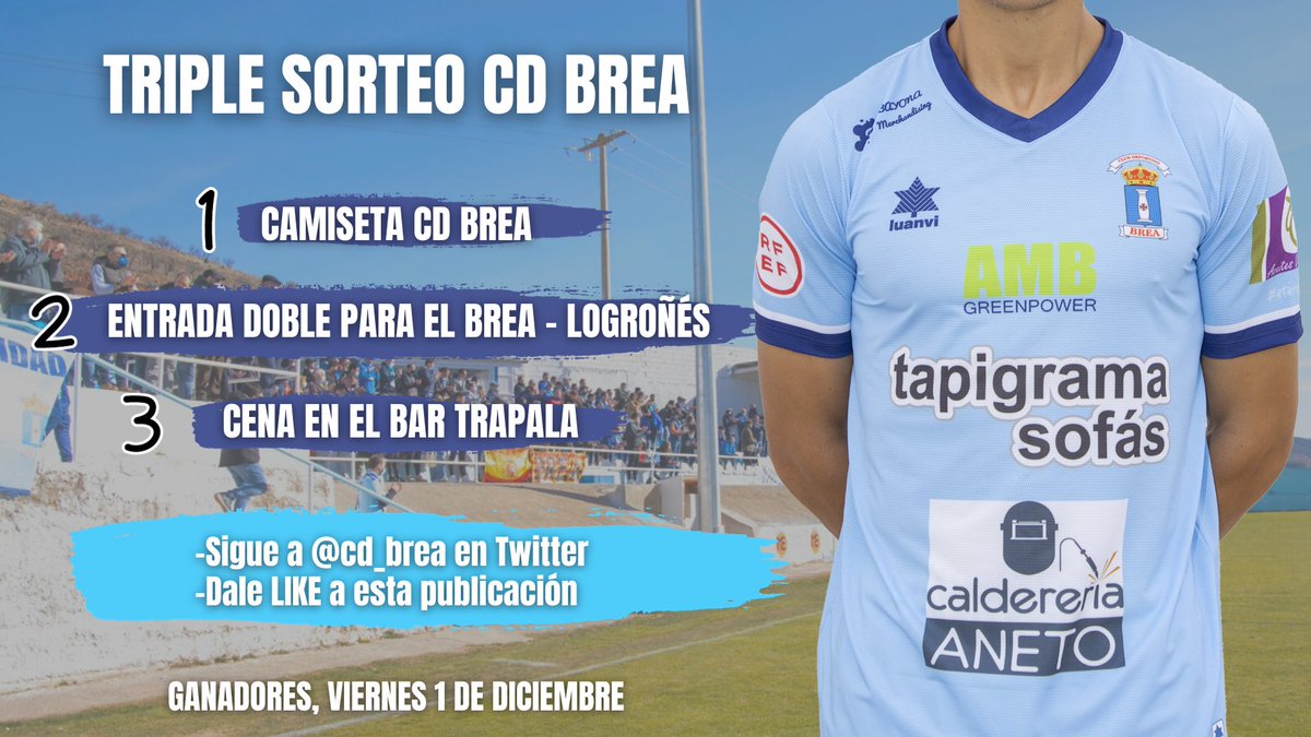 cd_brea's tweet photo. 🎁 | 𝗧𝗥𝗜𝗣𝗟𝗘 𝗦𝗢𝗥𝗧𝗘𝗢 𝗖𝗗 𝗕𝗥𝗘𝗔

Con motivo de los 5️⃣0️⃣0️⃣0️⃣ seguidores en ‘X’, sorteamos una camiseta del CD Brea👕, una entrada doble para el Brea - Logroñés 🎫 y una cena en el Bar Trapala 🍽

👉🏽 Da like a esta publicación ❤️
👉🏽 Síguenos en Twitter ✔️

🤍💙 https://t.co/eJ677bavQK