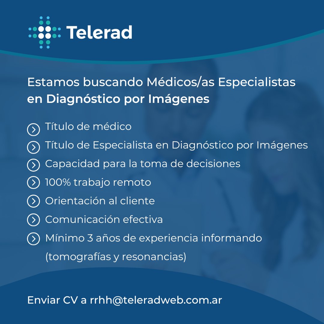 Teleradweb's tweet photo. 📣 ATENCIÓN - BÚSQUEDA LABORAL 📣
Seguimos ampliando el equipo de profesionales y abrimos una nueva oportunidad para sumar médicos especialistas en Diagnóstico de Imágenes para realizar informes a distancia, con experiencia en tomografías y resonancias. https://t.co/xHPDyVZcHt