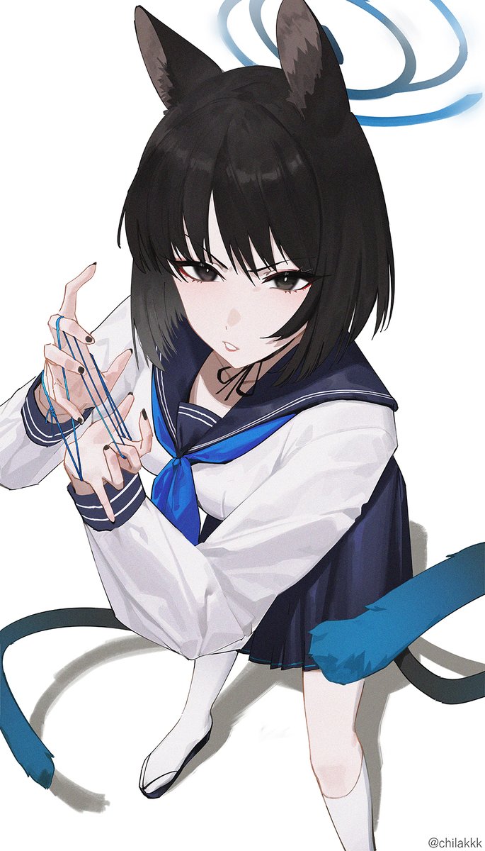 kikyou (blue archive) 1girl animal ears solo black hair skirt school uniform white background  illustration images