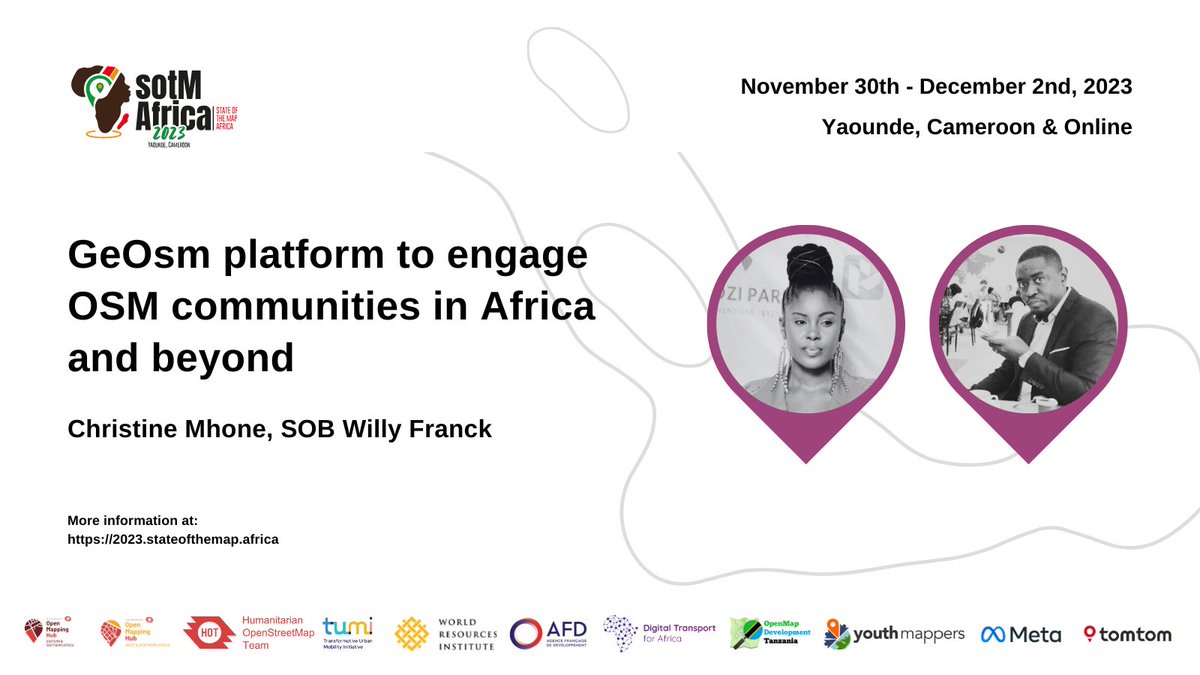 SotM Africa 2025 (@sotmafrica) on Twitter photo Join <a href="/christieMhone/">christie🇲🇼🇿🇲</a> and <a href="/WillyFranck_SOB/">Willy Franck SOB</a> at #SotMAfrica2023 for a discussion on the topic of GeOsm platform to engage OSM Communities in Africa and beyond
GeOsm is a Free & Open Geospatial Knowledge Infrastructure operating on a global scale,...
Details: pretalx.com/sotm-africa-20… Join <a href="/christieMhone/">christie🇲🇼🇿🇲</a> and <a href="/WillyFranck_SOB/">Willy Franck SOB</a> at #SotMAfrica2023 for a discussion on the topic of GeOsm platform to engage OSM Communities in Africa and beyond
GeOsm is a Free & Open Geospatial Knowledge Infrastructure operating on a global scale,...
Details: pretalx.com/sotm-africa-20…