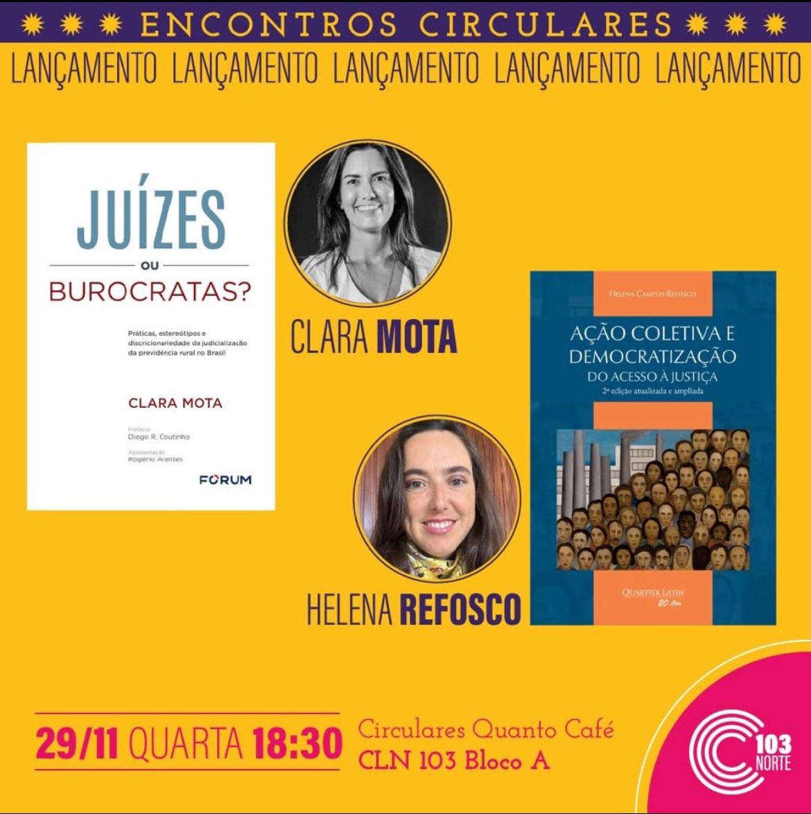 Na próxima quarta (29/11), eu lanço meu livro “Juízes ou burocratas?” em Brasília, na Livraria Circulares, junto com a amiga Helena Refosco. Só chegar!!  📆📚😀