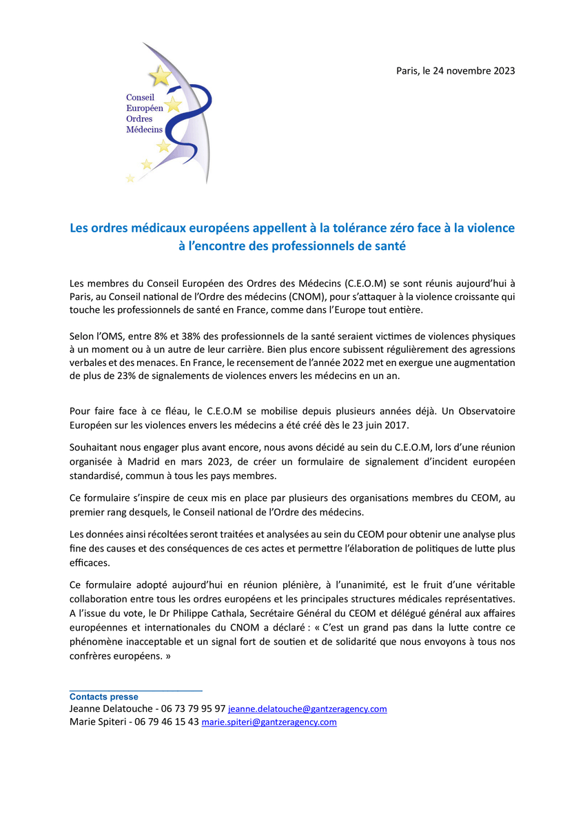 #Communiquédepresse📰 Le CEOM
dont est membre l'@Ordre_medecins, se mobilise contre les violences envers les professionnels de santé en France et en Europe. Réunis aujourd'hui, nous avons adopté à l'unanimité un formulaire pour améliorer la lutte contre ce fléau. Plus d'infos 👇