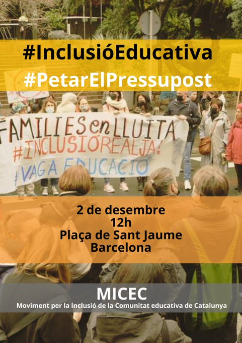 Aquest dissabte dia 2 de desembre a les 12:00 h serem presents a la concentració a la Plaça de Sant Jaume de Barcelona per reclamar amb força el desplegament del Real Decret d'inclusió educativa. 
📢Si no és inclusiva no és educació. 
T'esperem!#InclusióEducativa <a href="/petemviaaugusta/">MICEC</a>