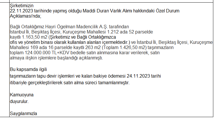 🏢 #CVKMD 'den Önemli Gayrimenkul Yatırımı!

Yatırım Detayları: CVK Maden İşletmeleri A.Ş., İstanbul Beşiktaş'ta önemli bir gayrimenkul alımı gerçekleştirdi. Şirket, Hayri Ögelman Madencilik A.Ş. ile birlikte Beşiktaş, Kuruçeşme'deki toplam 1.426,50 m2 büyüklüğündeki iki