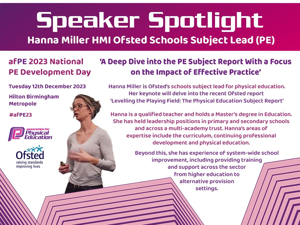 🔦Speaker Spotlight🔦 @Hanna_Miller_PE, Ofsted’s schools subject lead for Physical Education, will join us at #afPE23 for the final keynote: 🔹 ‘A Deep Dive into the PE Subject Report with a Focus on the Impact of Effective Practice’🔹 Not one to miss❗️ afpe.org.uk/events/EventDe…