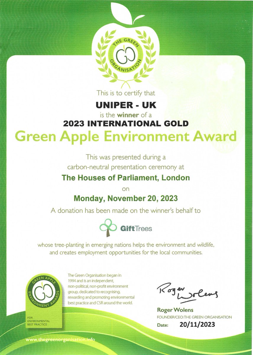 We’re proud to accept two gold Green Apple Environment Awards from @TheGreenOrg, recognising the initiative developed with partners @wearenovati, to recycle and reuse thousands of air filters at many of our UK gas-fired power stations. More here ➡ thegreenorganisation.info/green-apple-aw…