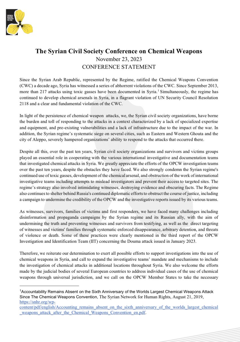 BritishSyrian's tweet photo. Final Statement from the Syrian Civil Society Conference on Chemical Weapons
#Syria #CWCforSyria https://t.co/F0tdVRFKxn