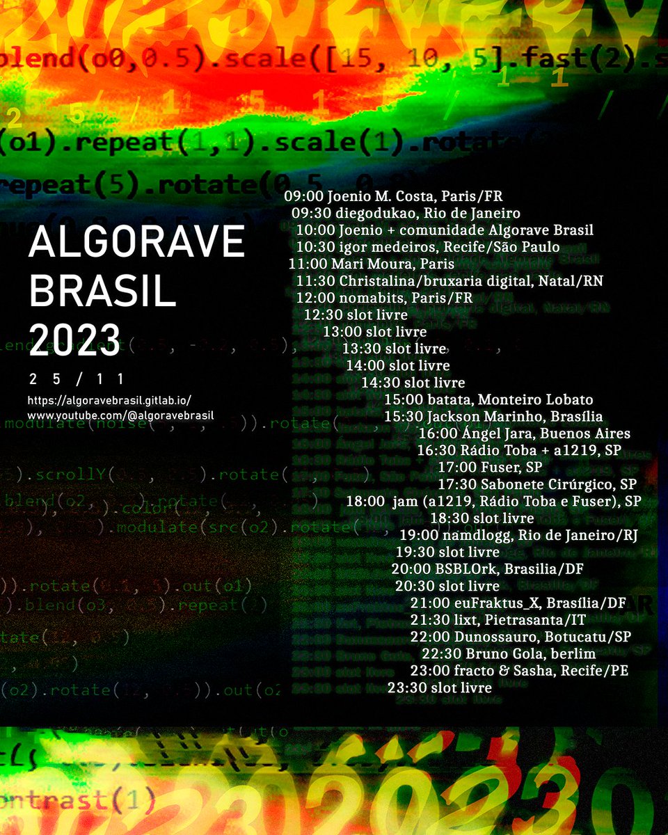 Joenio Marques da Costa (@joenio) on Twitter photo Algorave Brasil 2023, amanhã sábado 25/11 9h-23h, YouTube, a comunidade <a href="/algoravebr/">Algorave Brasil</a> vai se reunir para produzir muito ruído, glitch, música, sons e arte visual
Site do evento:
algoravebrasil.gitlab.io/eventos/2023/p…
Arte:
instagram.com/bruxariadigital
#livecoding #algorave #toplap #algoravebrasil Algorave Brasil 2023, amanhã sábado 25/11 9h-23h, YouTube, a comunidade <a href="/algoravebr/">Algorave Brasil</a> vai se reunir para produzir muito ruído, glitch, música, sons e arte visual
Site do evento:
algoravebrasil.gitlab.io/eventos/2023/p…
Arte:
instagram.com/bruxariadigital
#livecoding #algorave #toplap #algoravebrasil