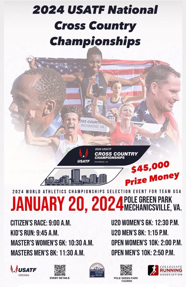 RVAXCFestival (@rvaxcfestival) on Twitter photo The 2024 USATF National Cross Country Championships will be held January 20 in <a href="/HanoverVa/">Hanover County, VA</a> <a href="/HanoverParksRec/">Hanover ParksRec</a>’s Pole Green Park (Mechanicsville, VA). Team USA will be selected for the 2024 World Championships and $45,000 in prize money will be awarded.
collegiaterunning.org/2024-usatf-xc-… The 2024 USATF National Cross Country Championships will be held January 20 in <a href="/HanoverVa/">Hanover County, VA</a> <a href="/HanoverParksRec/">Hanover ParksRec</a>’s Pole Green Park (Mechanicsville, VA). Team USA will be selected for the 2024 World Championships and $45,000 in prize money will be awarded.
collegiaterunning.org/2024-usatf-xc-…