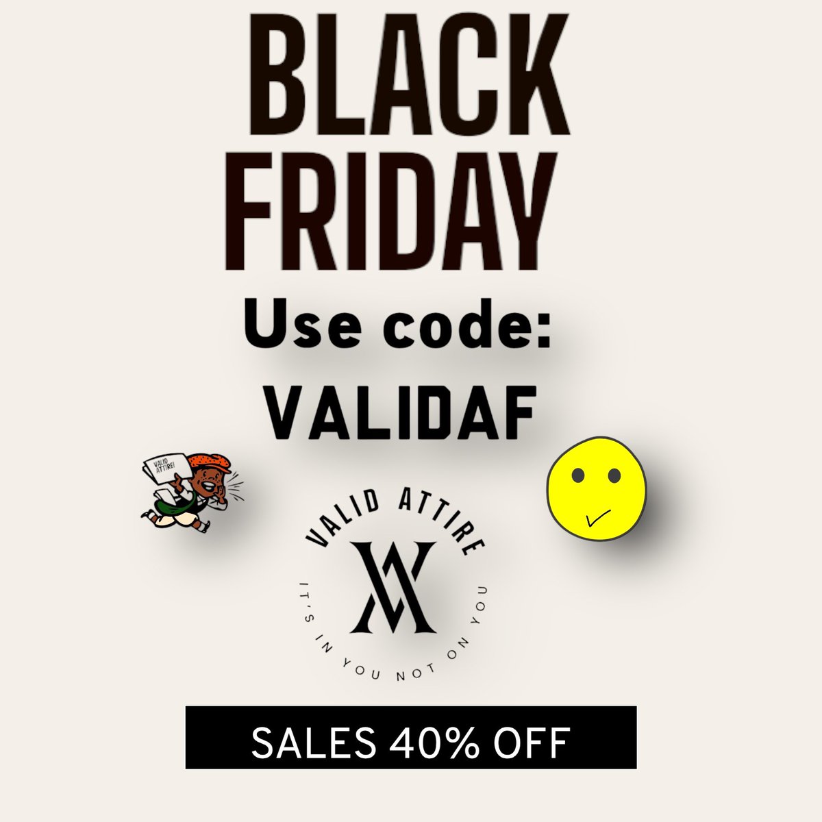 Validattire's tweet photo. The Valid AF sale is now underway‼️‼️ use code VALIDAF for 40% off all weekend long on https://t.co/Q70QXVriKS , happy shopping gang ✅✅✅

 #blackownedbusiness #chicagobrand #supportblackbusiness #chicago https://t.co/1b5voBpMfY