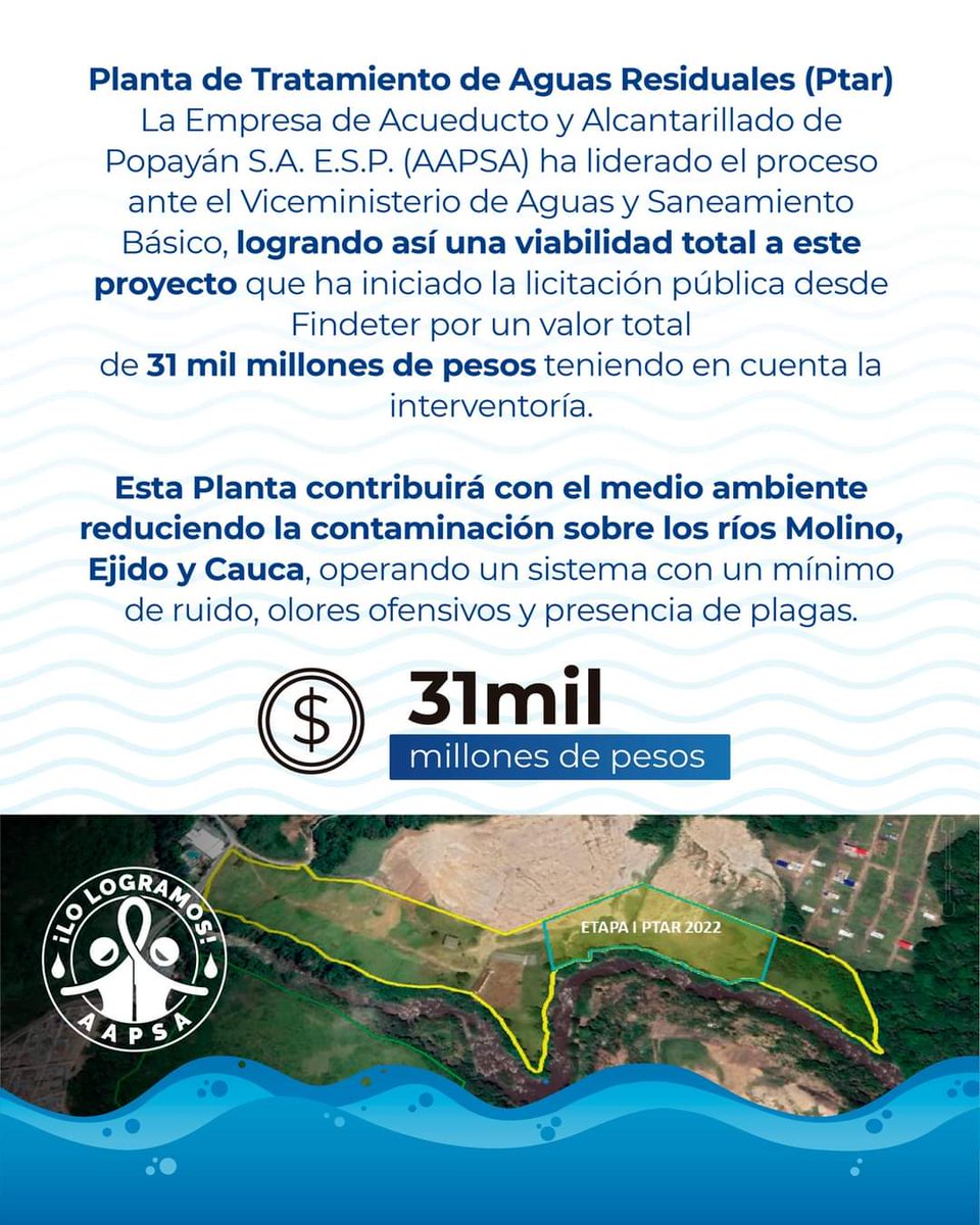 acue_popayan's tweet photo. La Ptar será una realidad para Popayán

Después de gestiones adelantadas por nuestra Empresa, este importante proyecto avanza en la licitación pública. 

#LoLogramosAAPSA
#AAPSA 
#AcueductoMásCerca https://t.co/V9xpUToEPB