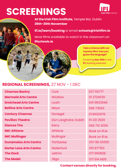 #ThinkLanguages Week is next week!

We've over 30 screenings taking place next week including our 4 sold out screenings <a href="/IFI_Dub/">Irish Film Institute</a>  

We hope everyone's looking forward to trip to their local cinema or arts venue. 

<a href="/langsconnect_ie/">Languages Connect</a> <a href="/languages_ie/">Post-Primary Languages Ireland (PPLI)</a> <a href="/artscouncil_ie/">The Arts Council / An Chomhairle Ealaíon</a>
