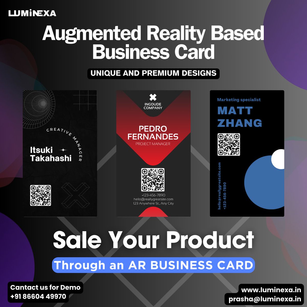 _luminexa's tweet image. Transform your business cards with augmented reality! 🌟 Showcase your products through immersive videos and provide a seamless buying experience with direct purchase links. 📱 Elevate your networking game and make a lasting impression! #ARBusinessCards #Innovation #TechCommerce