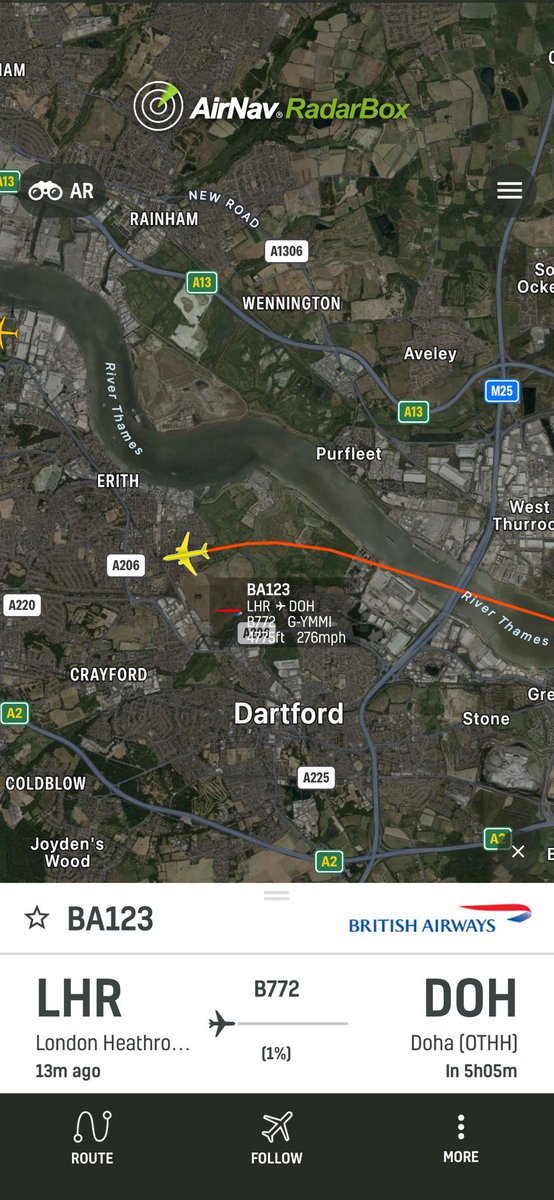 999London's tweet photo. British Airways flight #BA123 en route from London #Heathrow to Doha, Qatar, has declared an emergency minutes after departure. The pilot has reported to air traffic control of fumes inside the cockpit. https://t.co/RchwPrJCJS