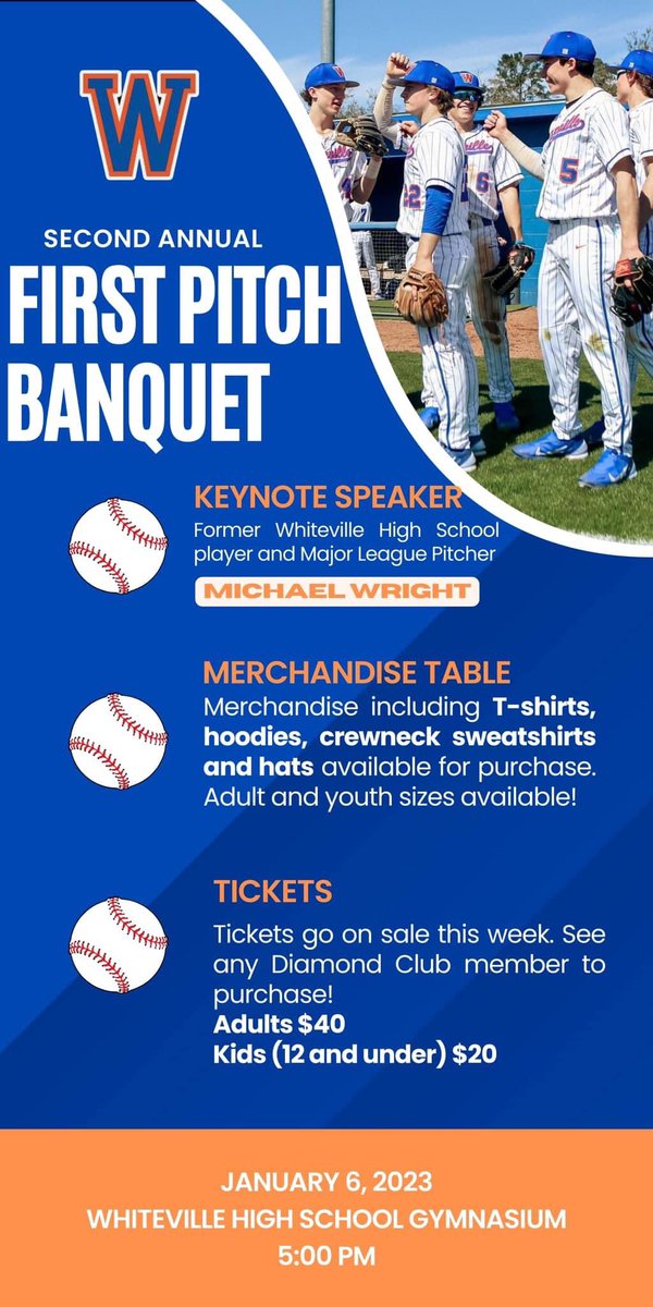 WHSDiamondBB's tweet photo. We are so excited to offer a merchandise table at this years First Pitch Banquet. Enjoy this first look at some of the designs that will be offered. T- shirts, crewneck sweatshirts, hoodies and hats! Cash and card will be accepted. Be sure to secure your tickets ASAP! https://t.co/O5O4fplqTB
