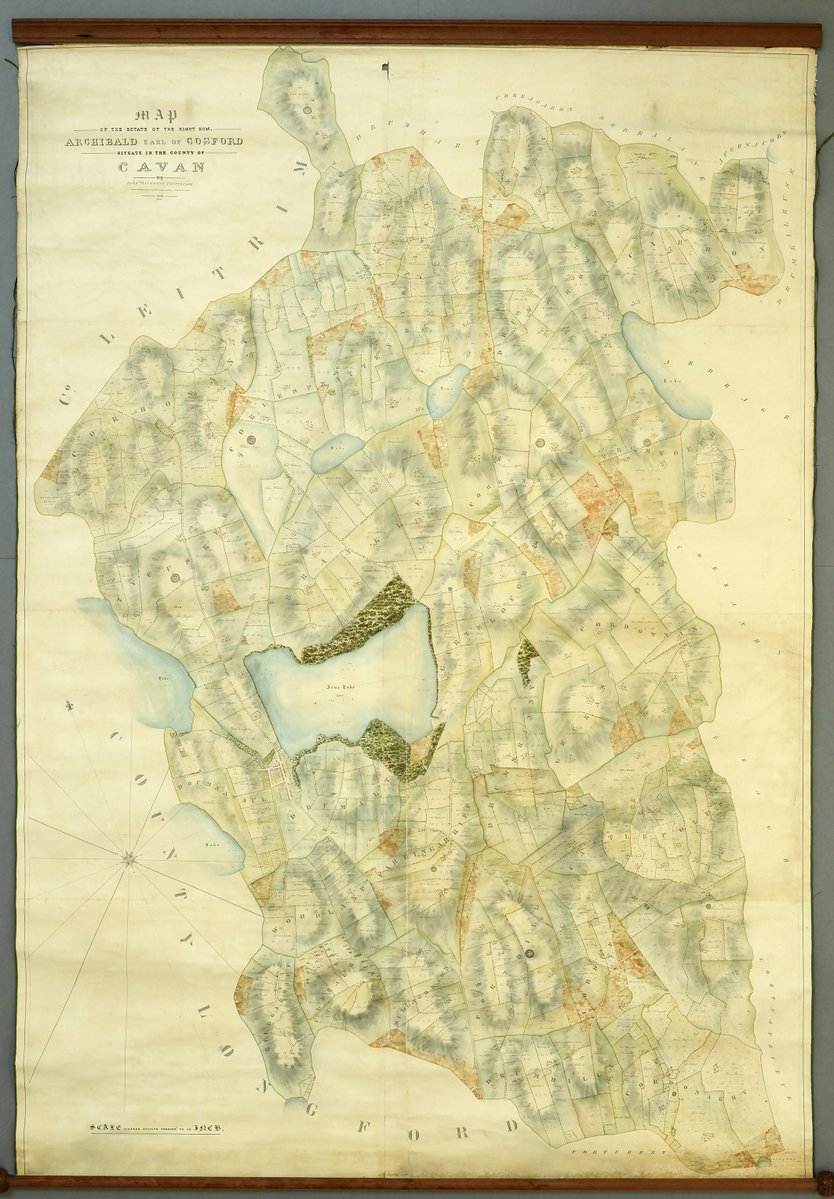 Happy #MapMonday! How do we photograph maps that are too #EYABig for our map scanners, you ask? We find a better vantage point! 😊 This map of the Earl of Gosford’s estate lands in Co. Cavan was surveyed by Alexander Richmond of Poyntzpass in 1838 (PRONI ref D1606/6/D/8)