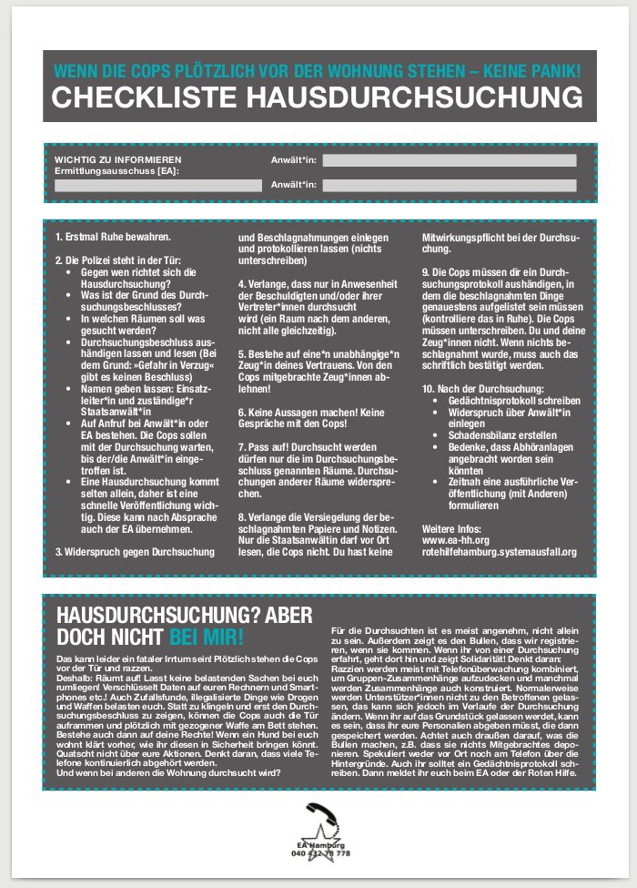 Space_Antifa's tweet photo. Fühlt euch ermutigt nochmal diese wunderschöne Checkliste für Hausdurchsuchungen durchzugehen. Wichtiges Thema 🙂✌🏼 #le2311 #antifa #polizeistaatsachsen https://t.co/36bO0VJbuI
