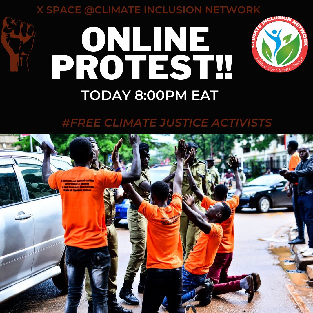 Exactly 8:00pm EAT we shall have an Online Protest for violence Unleashed against Climate Justice Activists who were brutalized today as they took a petition to parliament of Uganda to stop EACOP. SAVE LINK BELOW 👇 x.com/i/spaces/1ypKd… @JustStop_Oil @stopEACOP @Studenteacop