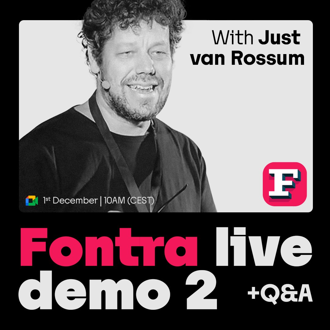 blackfoundry's tweet photo. Fontra Event!
Friday 1st of December at 10AM CEST
@justvanrossum and @BaehrGaetan are going to do a second live demo of Fontra, our WIP Font Editor!
40 minutes + 20 minutes at the end for discussion. #fonteditor #字体编辑器 #フォントエディター

https://t.co/bbkvEYK3um https://t.co/mByebeQC6i
