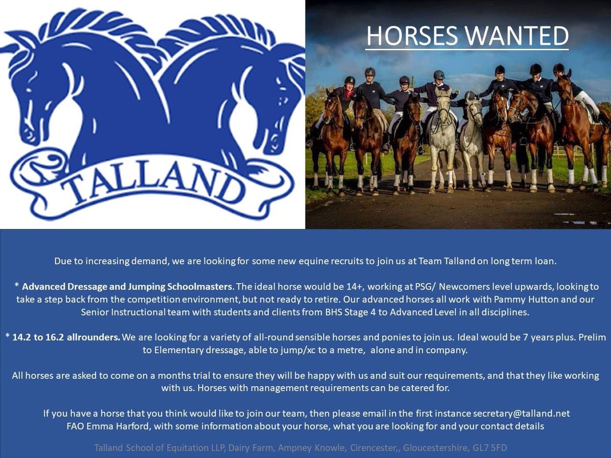 The Talland School of Equitation (@tallandsofe) on Twitter photo Horses wanted on long-term loan here at Talland! Contact Emma at secretary@talland.net if you think you have something suitable! Horses wanted on long-term loan here at Talland! Contact Emma at secretary@talland.net if you think you have something suitable!