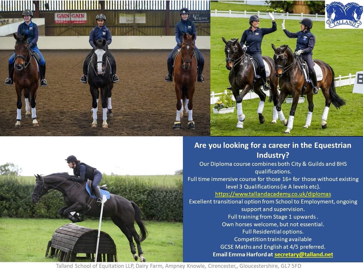The Talland School of Equitation (@tallandsofe) on Twitter photo Come and train for a career with horses at Talland! Residential courses offering full training from BHS stage 1 all the way up to the Fellowship! Contact Emma at secretary@talland.net for details! Come and train for a career with horses at Talland! Residential courses offering full training from BHS stage 1 all the way up to the Fellowship! Contact Emma at secretary@talland.net for details!
