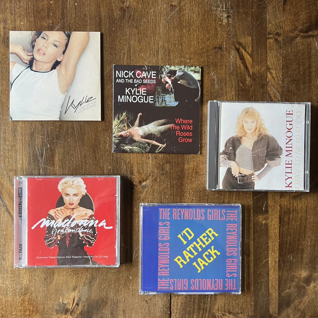 RetroPopBoy's tweet image. CD finds in Spain: EU promo of Can’t Get You Out of My Head, French card sleeve of Where the Wild Roses Grow, Dutch I Should Be So Lucky, Spanish limited edition You Can Dance and the German Reynolds Girls’ I’d Rather Jack. #MadonnaCollection
#PWLCollection 
#KylieCollection