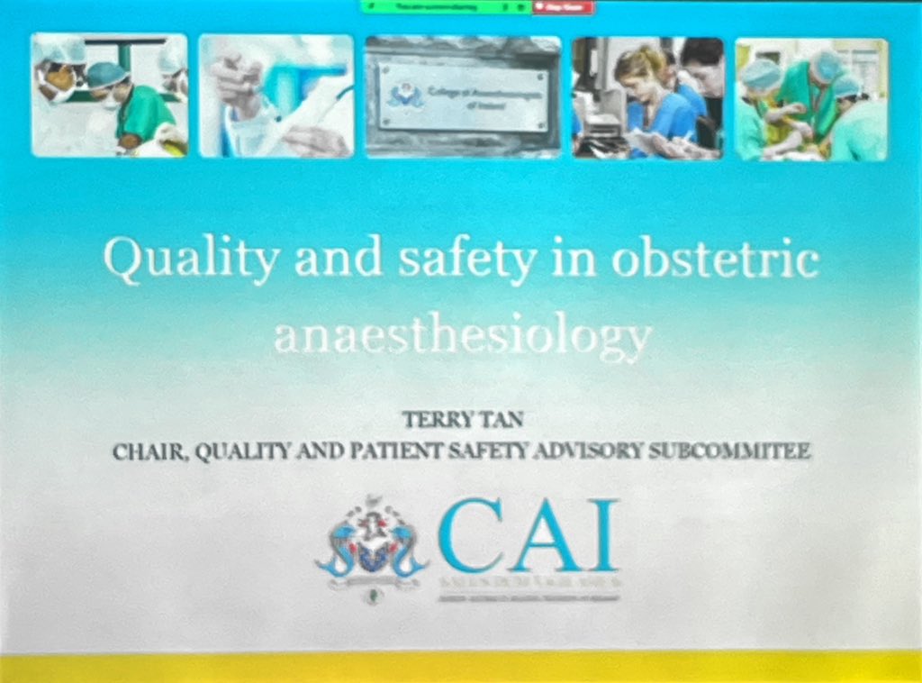 OBsleepmerchant's tweet photo. Dr Terry Tan (chair of @COAIrl Quality and patient safety advisory subcommittee) presents on Quality and Safety in #OBAnes. Acknowledges contributions of others. “No one should be harmed in healthcare” #ISOA23 https://t.co/n3k70MR101