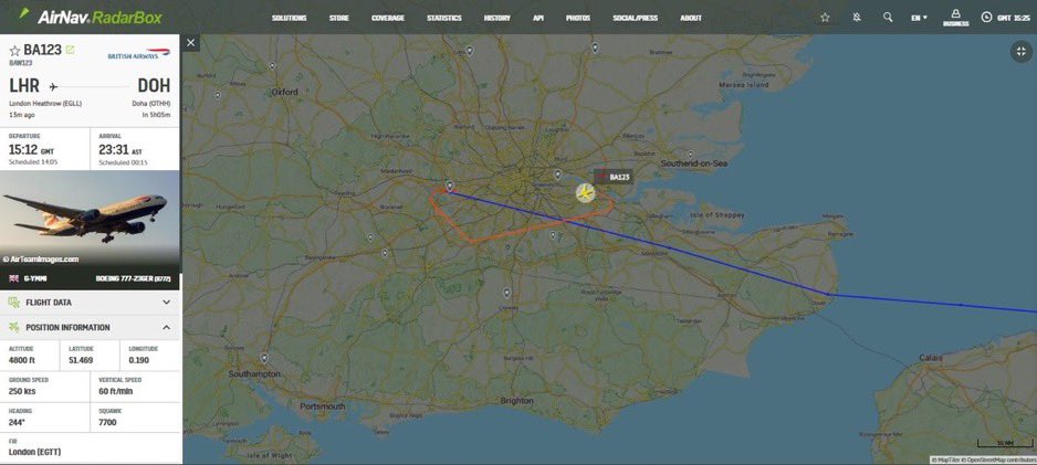 Worldsource24's tweet photo. 🚨#BREAKING: British Airways flight #BA123 en route from London #Heathrow to Doha, Qatar, has declared an emergency minutes after departure https://t.co/q2I3vsiMYW