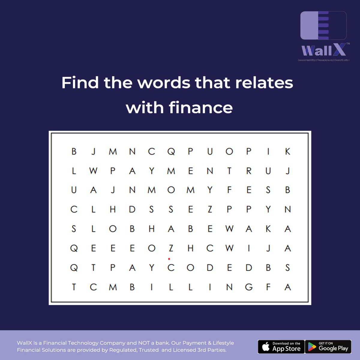 wallx_africa's tweet photo. Here's a little puzzle for you as you prepare for the weekend.

Find 5 words that relate to finance and list them in the comments. If you find all 5, you are a financial guru 😀

#WallX #WallXBusinessSuite #PaymentSolutions #Payment #PayCode #paymentsolutions #PaymentApps #TGIF https://t.co/AKjS4mFo6h