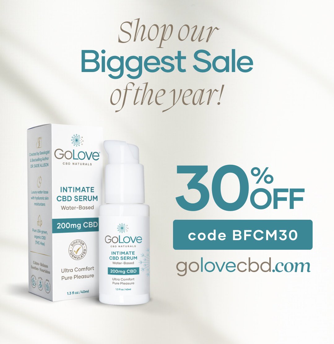 goloveCBD's tweet photo. Visit https://t.co/Lx0A4LrKmp for 30% OFF sitewide with Black Friday code “BFCM30”. 
Click #linkinbio☝🏽 

It’s the perfect time to stock up on GoLove—and gift this life-changing intimate serum to your besties! 🥰

#blackfriday #sale #giftideas #golovecbd #cbdlube #painfreesex https://t.co/7TQdQ4nKft
