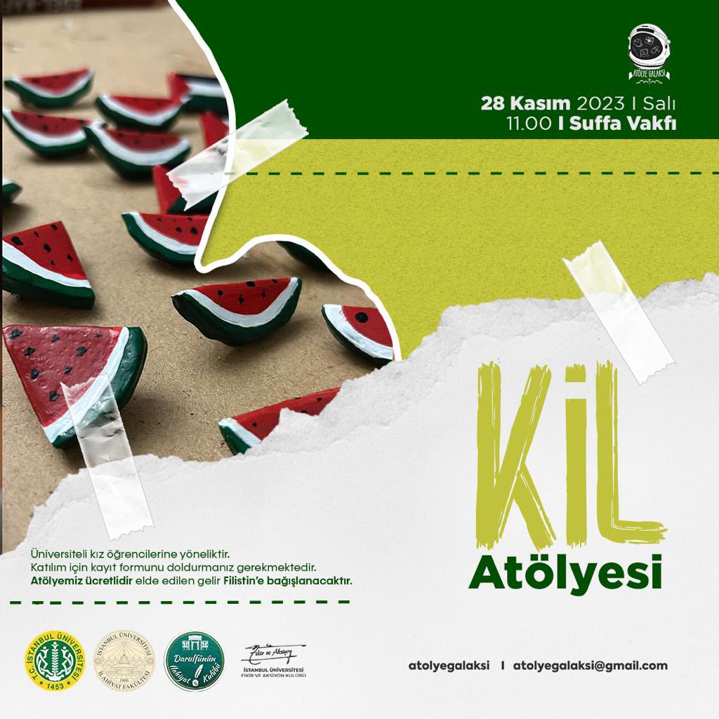 İstanbul Üniversitesi öğrencileri Filistin için bir araya geliyor! ✨🍉

Filistin’i konuşmak ve kermese katkıda bulunmak amacıyla düzenlenen *Kil Boyama Atölyesi* ne tüm üniversiteli kız kardeşlerimiz davetlidir.

*Atölyemiz ücretli olup geliri Filistin için bağışanacaktır.