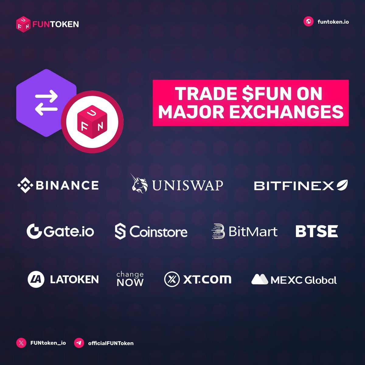 FUNtoken_io's tweet photo. Discover FUN on the world's top exchanges. From Uniswap to BTSE, experience the utility of $FUN and trade seamlessly. 🌍⚡ #FUNToken #MajorExchanges

Learn more: 
https://t.co/c3v6pxNfJo https://t.co/ffexuCg3s6
