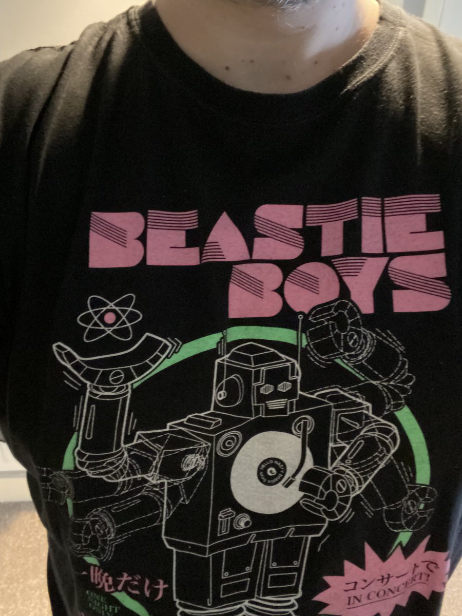 SeanClose18's tweet image. My efforts for band t shirt day. I think I was being a bit hopeful fitting in to the nearly 16 year old @mogwaiband shirt so went with @beastieboys instead #TShirtDay @BBC6Music