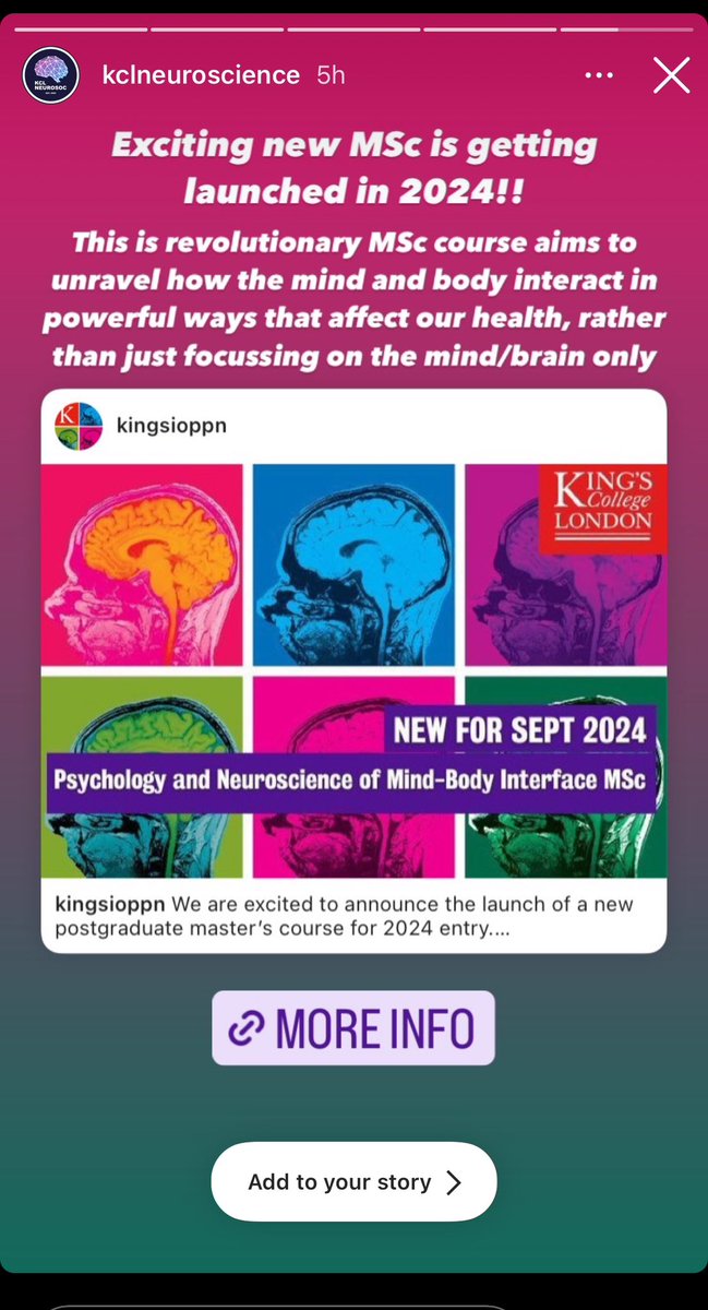 Thanks @kclneuroscience for advertising our new MSc course in Psychology and Neuroscience of Mind-Body Interface! 🤩🤩🤩 For more info: kcl.ac.uk/study/postgrad… @ParianteLab @MondelliValeria @paola_DZN @SPILabKCL @PIXIELabKCL @e_brainstudy @KingsIoPPN