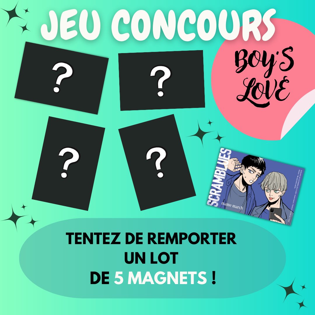 AKATAmanga's tweet photo. ✨ JEU CONCOURS ✨

Des fans de boy’s love par ici ? 😏 Nous avons quelque chose pour vous !

Tentez de remporter un lot de 5 magnets à l’effigie de quelques-unes de nos séries 🌈

Pour participer : follow @AKATAmanga + RT

Fin du concours le 1/12 ! Bonne chance 🍀 https://t.co/0qfv8TsNVr