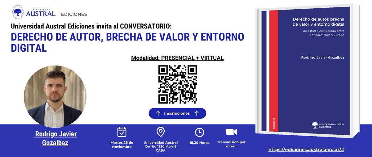 Este martes a las 18.30hs presentamos el libro! Gracias <a href="/AustralDerecho/">Austral Derecho</a> por la organización! #derechodeautor

Inscripción: forms.gle/UN7R3GkbcoJ6Y9…