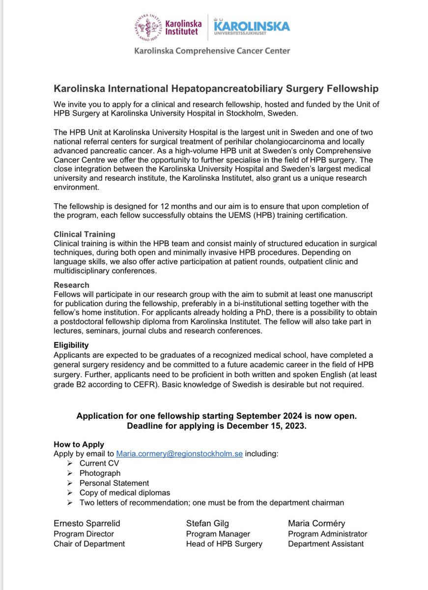 It’s time to find the third person for our international clinical and research HPB fellowship @HpbKarolinska starting September 2024! Please apply before December 15. Previous fellow @Giampaolo_Perri and current @TimTransplant have been excellent!