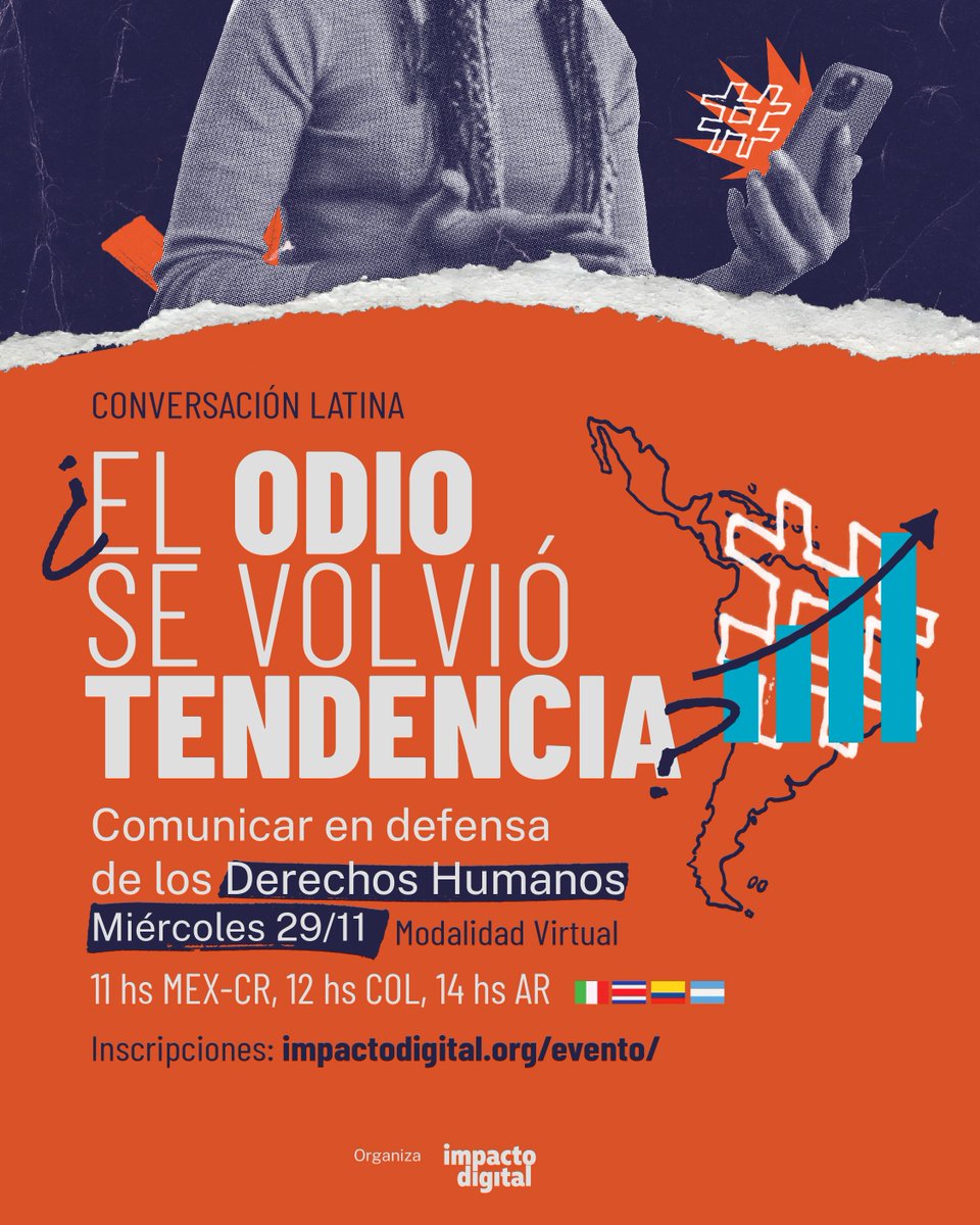 📣Incripciones abiertas para ser parte del conversatorio ¿El odio se volvió tendencia?

Únase este 29-11 en una conversación sobre cómo innovar en la comunicación en defensa de los #DDHH 
Es un evento virtual, libre y gratuito.
Inscripciones: impactodigital.org/evento
<a href="/SaraCognuck/">Sara Cognuck González</a>