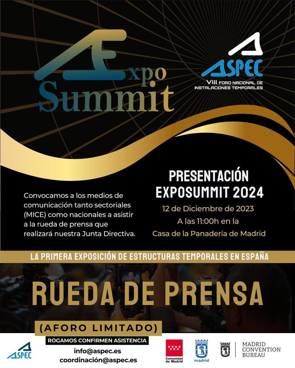 🎥 ¡RUEDA DE PRENSA EXPOSUMMIT 2024! 
Prepárense para la presentación de #ExpoSummit2024, la primera exposición de #estructurastemporales en #España 🏗️🌟 

Confirma tu asistencia ya ¡El aforo es limitado! 
📩 Por email o entrando en aspec.es/exposummit2024

#instacionestemporales