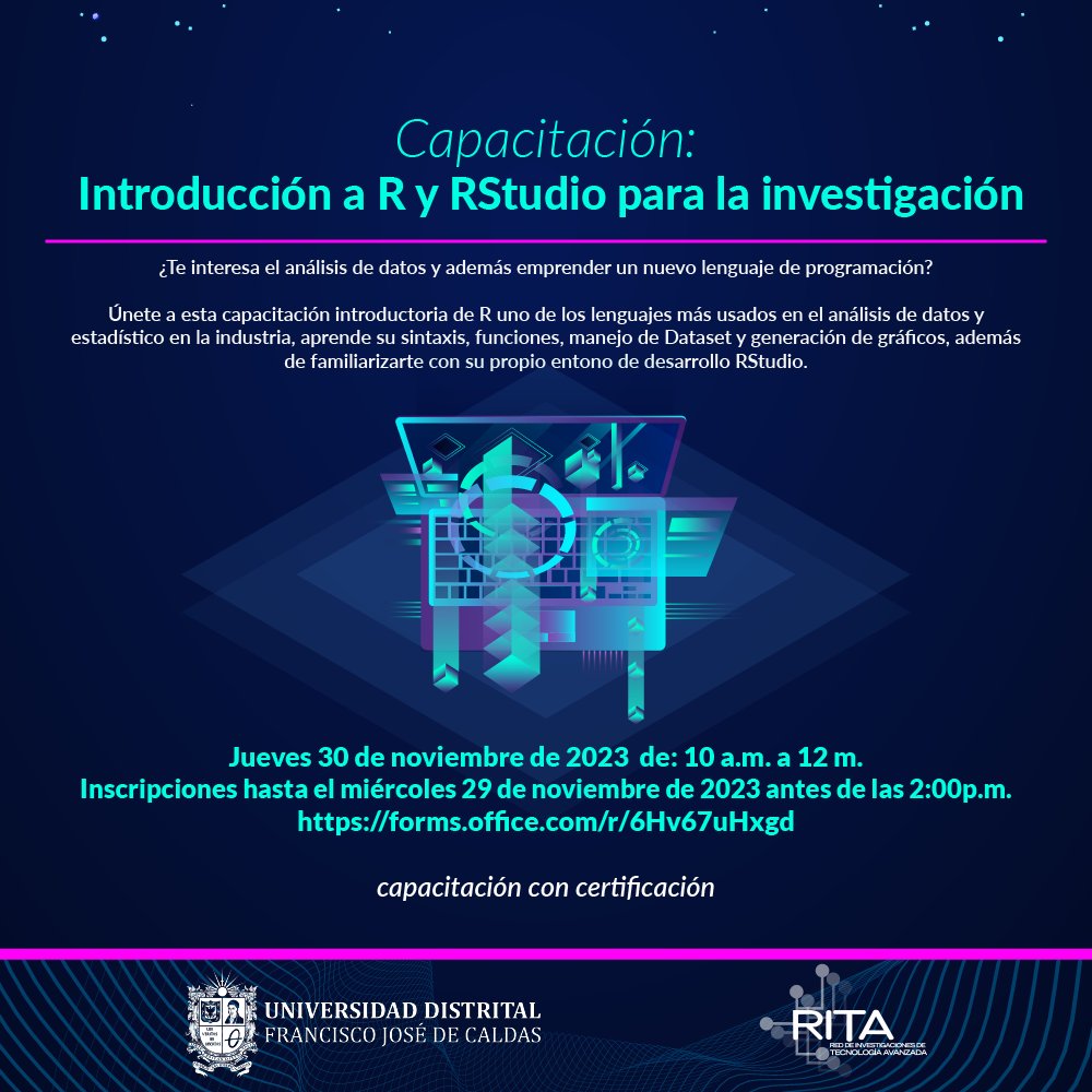 Desde <a href="/redritaud/">Red RITA UD</a>  de la <a href="/udistrital/">UniversidadDistrital</a>  los invitamos a la capacitación: Introducción a R y RStudio para la investigación,  30 noviembre de 2023 de 10:00a.m. a 12:00m., realizar inscripción previa antes del 29 de noviembre de 2023 a las 2:00pm en: forms.office.com/r/6Hv67uHxgd 🤗💡💻
