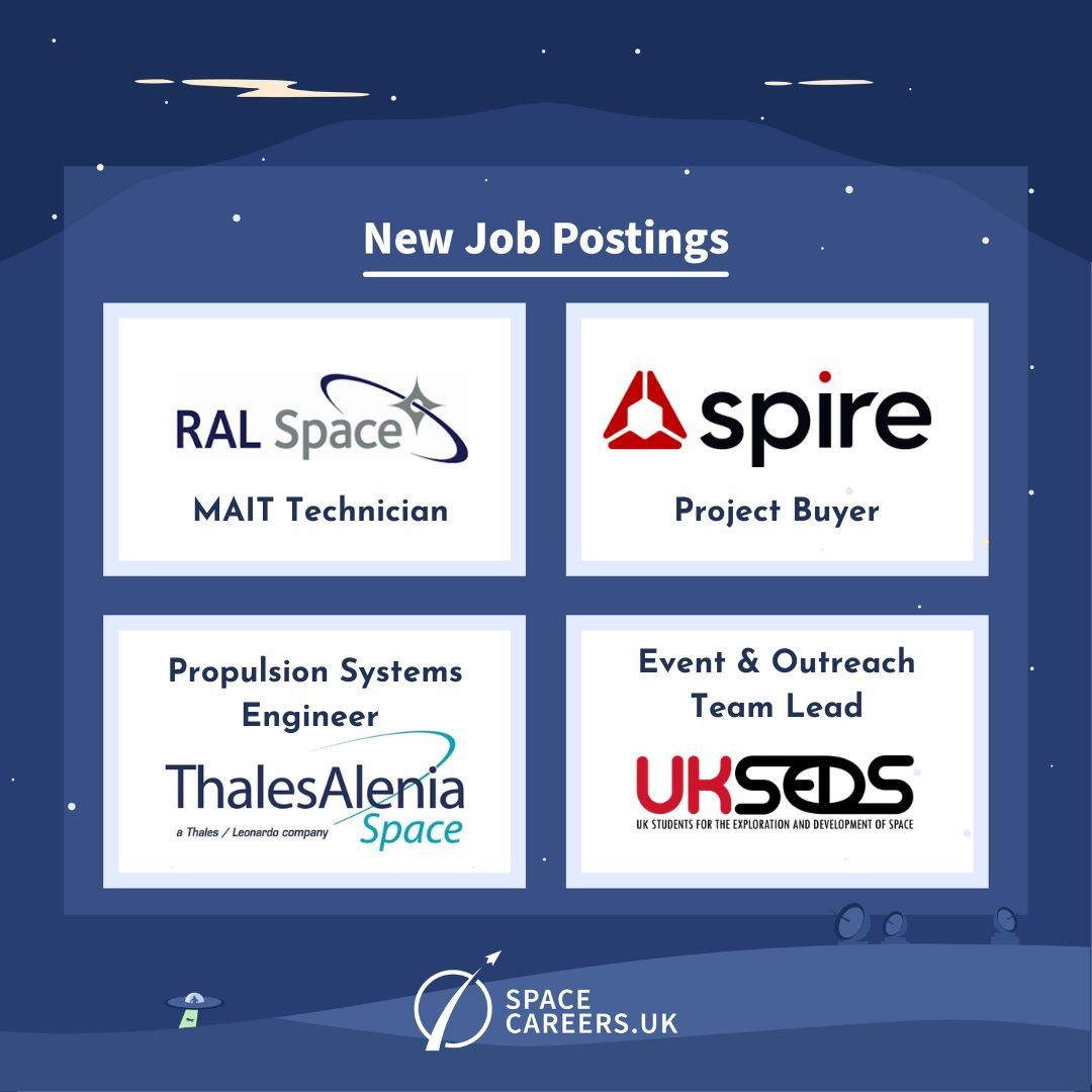 SpaceCareersUK's tweet image. With over 200 vacancies on SpaceCareers.uk, it&apos;s a great time to look for your next career opportunity.

👾 MAIT Technician - RAL Space
👾 Project Buyer - Spire
👾 Propulsion Systems Engineer - Thales Alenia Space
👾 Event &amp;amp; Outreach Team Lead - UKSEDS