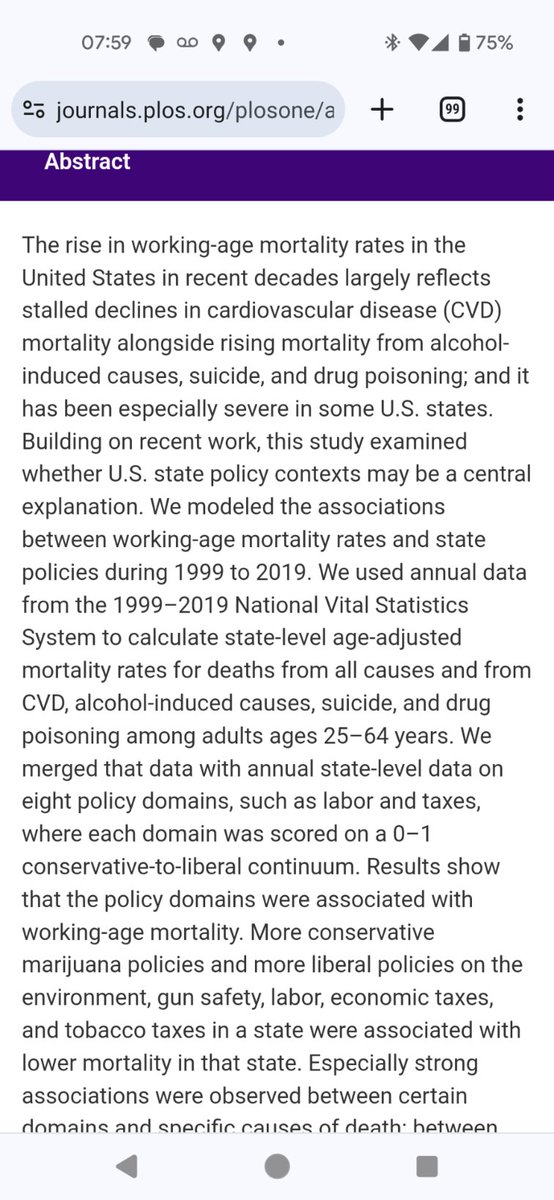 'U.S. state policy contexts and mortality of working-age adults': journals.plos.org/plosone/articl… 'More conservative marijuana policies and more liberal policies on the environment, gun safety, labor, economic taxes, and tobacco taxes in a state were associated with lower mortality'