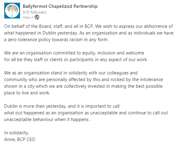 liffeypartner's tweet photo. Below is a statement from our CEO, Anne Fitzgerald on behalf of all staff and the board of BCP on the dangerous events that occurred in Dublin City yesterday. https://t.co/t5qHyARod4