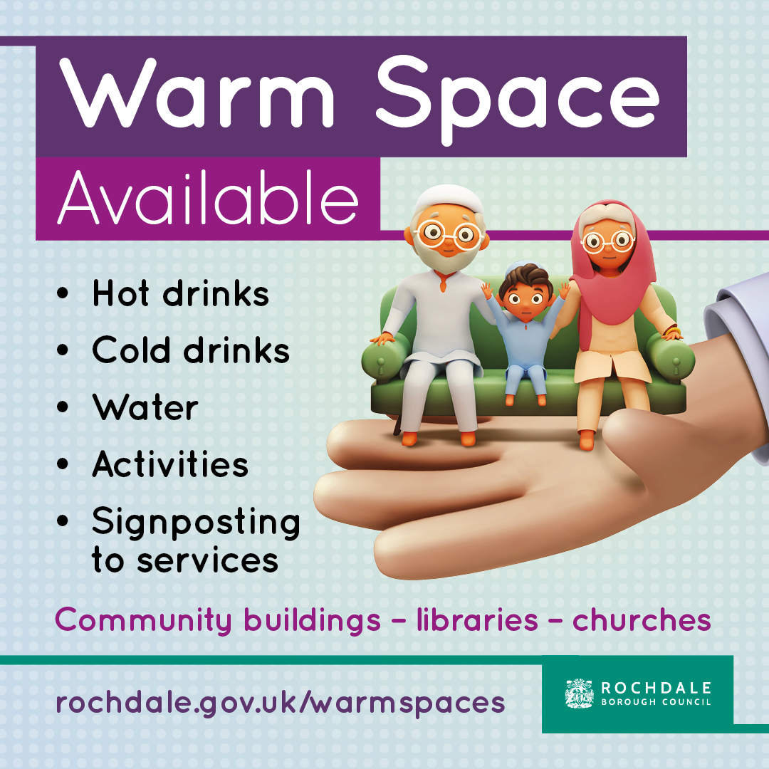 RochdaleCouncil's tweet photo. As the weather turns colder, our warm welcome spaces provide a helping hand with your cost of living this winter. 
Our FREE warm spaces provide:- 
☕Hot drinks 
🥤Cold drinks 
 🫧  Water
🪫   A warm friendly welcome 
Find a warm space at https://t.co/zBwdo7neXR https://t.co/G5yoPOKYxn
