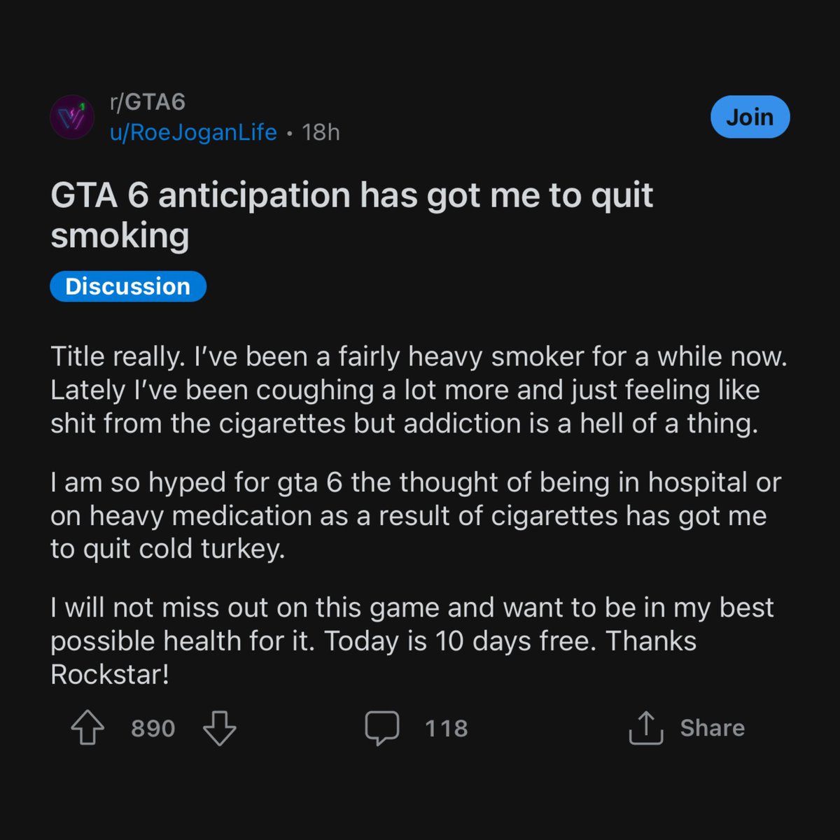 Dexerto's tweet photo. A GTA 6 fan claims to have quit smoking so they can be healthy enough to enjoy the game on release https://t.co/9gBkE9dDEa
